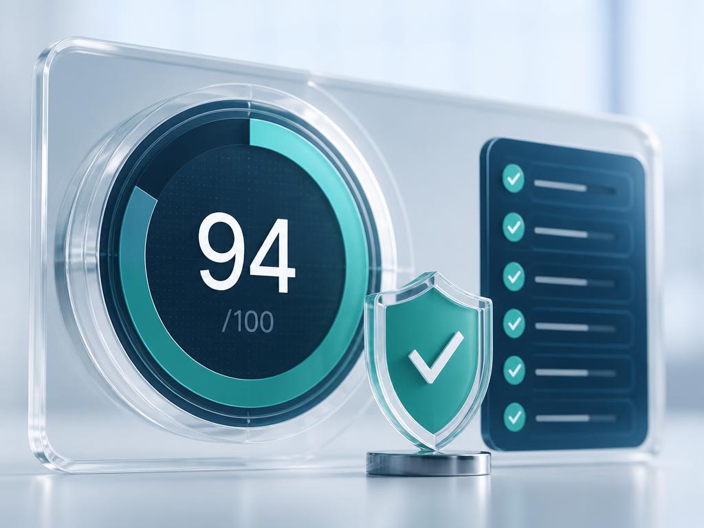 Readiness score dial with a secure checkmark badge and a completed review checklist.